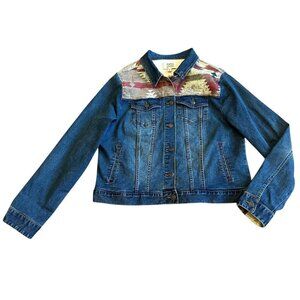 Frye And Co Denim Jean Jacket Southwestern Print Dark Wash Long Sleeve Large